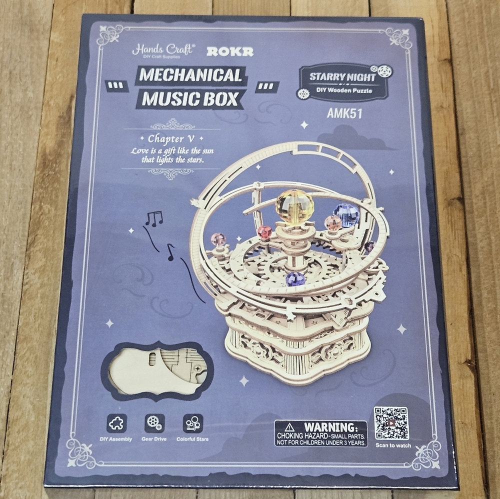 MECHANICAL MUSIC BOX WOODEN PUZZLE STARRY NIGHT 84 PIECES GEAR DRIVE MEMORY CATS